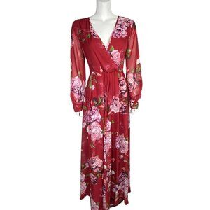 Ricarica Floral Maxi Dress Size L V Neck Long Sheer Sleeves Tie Waist Red